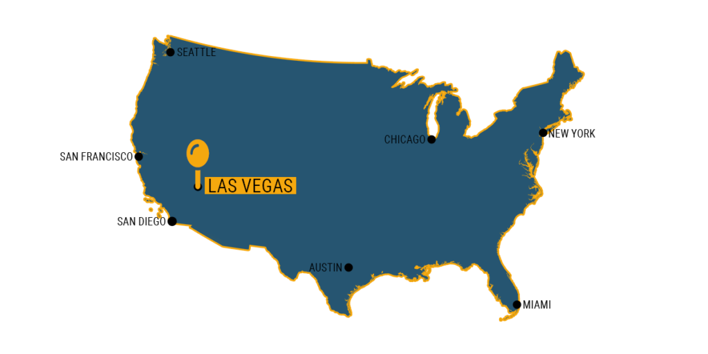 Eine Karte von Amerika, auf der die Stadt Las Vegas markiert ist. Die Stadt liegt in der Mojave Wüste etwa 4,5 Stunden Autofahrt von Los Angeles und 5 Stunden von Phoenix entfernt.