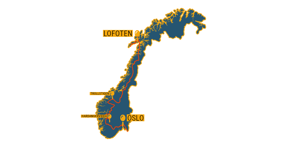 Die Route fuer einen 3-wöchigen Roadtrip durch Norwegen als Karte