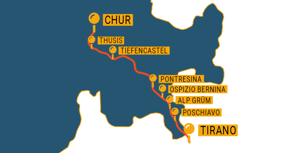 Karte der Strecke des Bernina Express von Chur nach Tirano