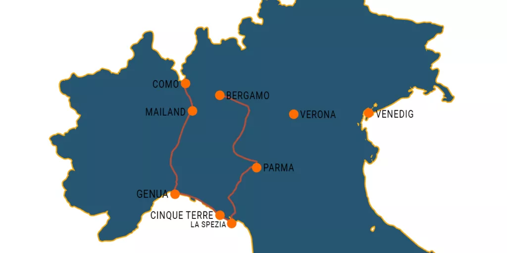 Map der Route für den Roadtrip durch Norditalien